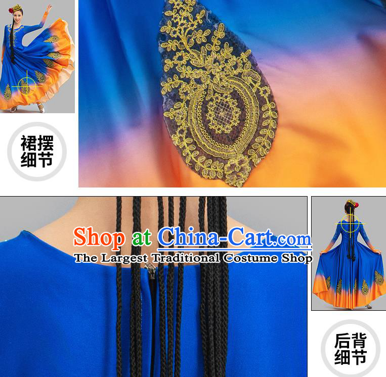 Chinese National Dance Costume Xin Jiang Dance Blue Dress Art Competition Uygur Ethnic Dance Clothing