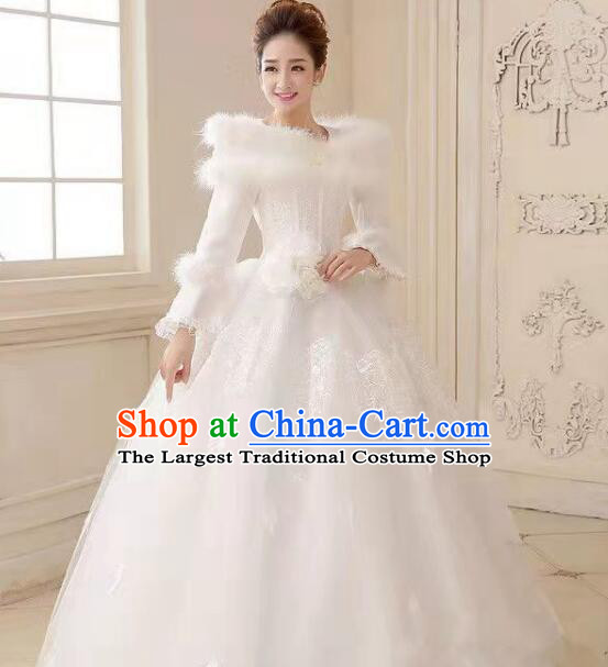 Top Handmade Winter Wedding Garment Bride White Wedding Dress Long Sleeve Full Dress