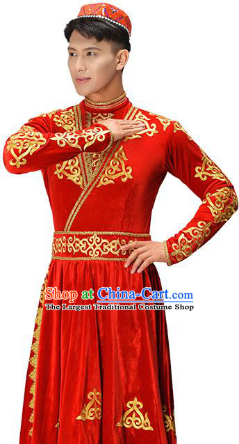 Chinese Uyghur Nationality Dance Costume Ethnic Male Group Dance Clothing Xinjiang Dance Red Outfit