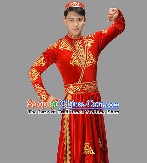 Chinese Uyghur Nationality Dance Costume Ethnic Male Group Dance Clothing Xinjiang Dance Red Outfit