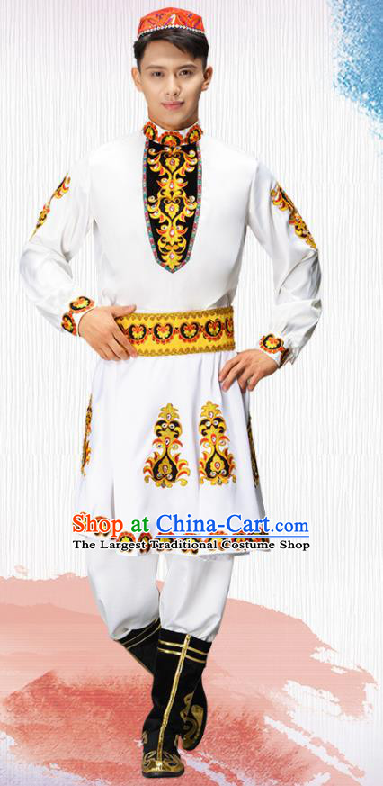 Chinese Xinjiang Dance White Outfit Uyghur Nationality Dance Costume Kazakh Ethnic Male Group Dance Clothing