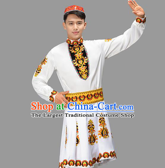 Chinese Xinjiang Dance White Outfit Uyghur Nationality Dance Costume Kazakh Ethnic Male Group Dance Clothing