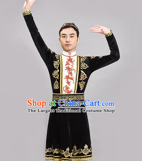 Chinese Ethnic Male Group Dance Clothing Xinjiang Dance Black Outfit Uyghur Nationality Dance Costume