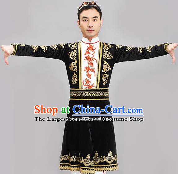 Chinese Ethnic Male Group Dance Clothing Xinjiang Dance Black Outfit Uyghur Nationality Dance Costume