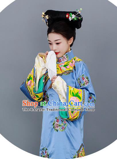 Chinese Qing Dynasty Manchu Lady Costume Ancient Imperial Consort Clothing Court Empress Blue Dress