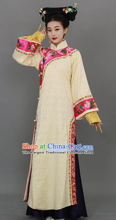 Chinese Court Empress Beige Dress Qing Dynasty Manchu Lady Costume Ancient Imperial Consort Clothing