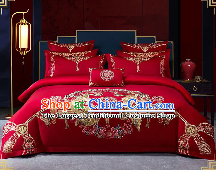 Top Embroidery Dragon and Phoenix Four Pieces Set Long Staple Cotton Bedding Items Chinese Red Wedding Bedclothes