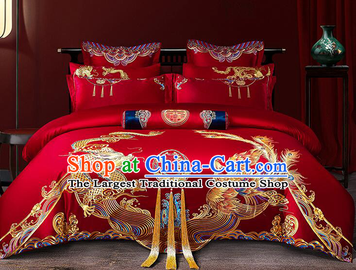 Chinese Embroidery Dragon and Phoenix Red Four Pieces Set Top Long Staple Cotton Bedding Items Wedding Bedclothes