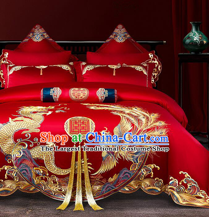 Chinese Wedding Bedclothes Embroidery Dragon and Phoenix Red Four Pieces Set Top Long Staple Cotton Bedding Items