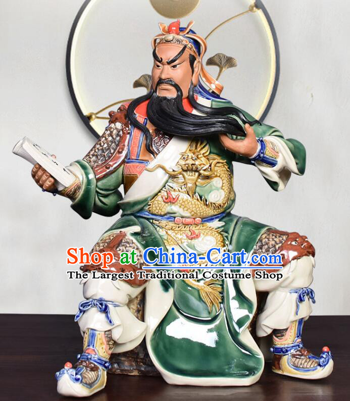 Chinese Shi Wan Ceramic Figurine Handmade Guan Gong Night Reading Sculptures Guan Yu Porcelain Statue Arts