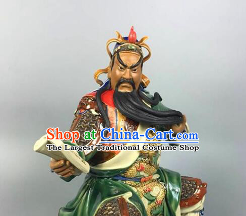 Chinese Shi Wan Ceramic Figurine Handmade Guan Gong Night Reading Sculptures Guan Yu Porcelain Statue Arts