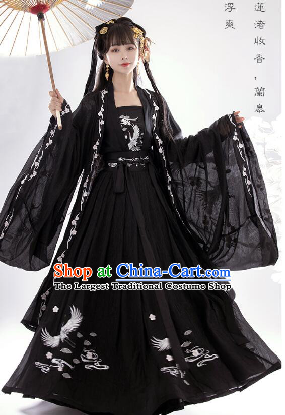 Chinese Tang Dynasty Embroidered Ruqun Black Dresses Traditional Garment Costumes Ancient Princess Hanfu Clothing