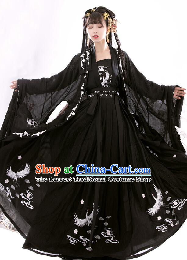 Chinese Tang Dynasty Embroidered Ruqun Black Dresses Traditional Garment Costumes Ancient Princess Hanfu Clothing