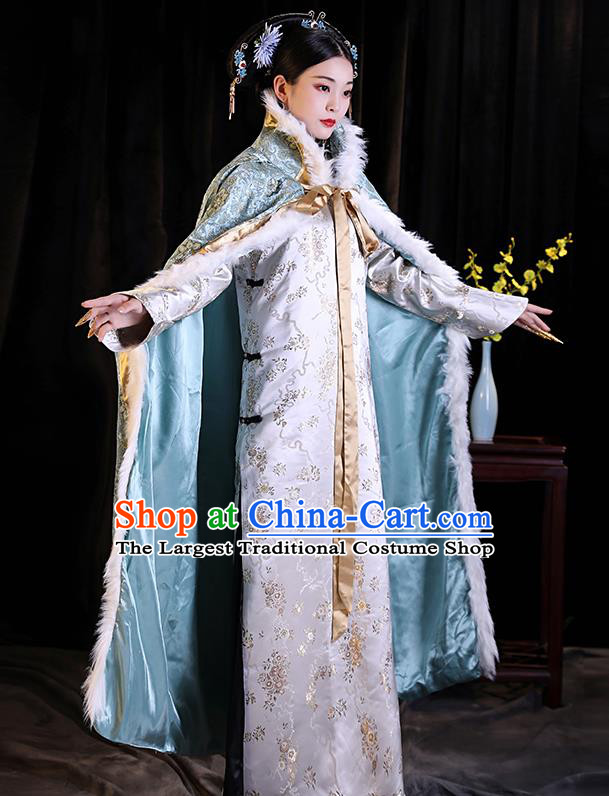 Chinese Winter Blue Cloak Qing Dynasty Court Empress Costume Ancient Imperial Consort Cape Clothing