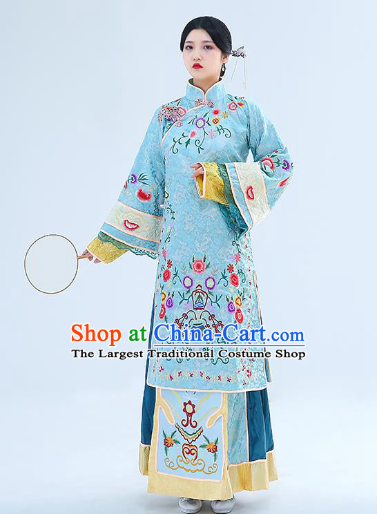 Chinese Late Qing Dynasty Young Mistress Garment Costumes Ancient Young Woman Clothing Traditional Blue Dress