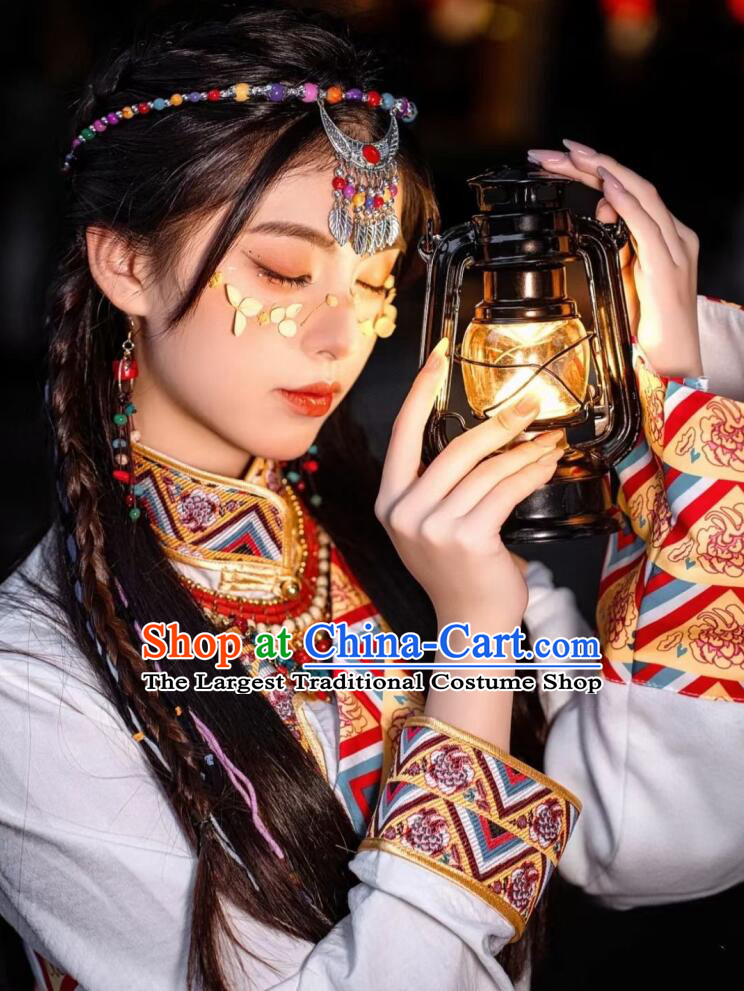 Chinese Zang Nationality Lady White Dress Stage Performance Clothing Tibetan Ethnic Garment Costumes