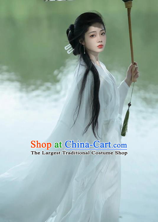 Chinese Traditional Hanfu Dress Jin Dynasty Young Lady Garment Costume Ancient Goddess White Clothing