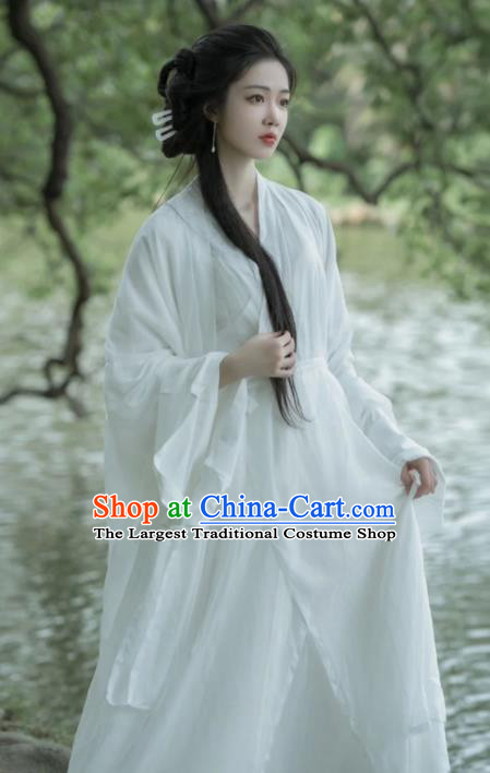 Chinese Traditional Hanfu Dress Jin Dynasty Young Lady Garment Costume Ancient Goddess White Clothing