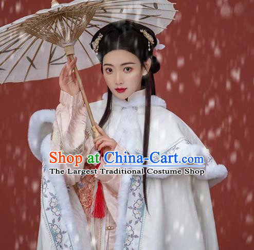 Chinese Ancient Princess Clothing Traditional Winter White Mantle Ming Dynasty Young Lady Embroidered Cloak