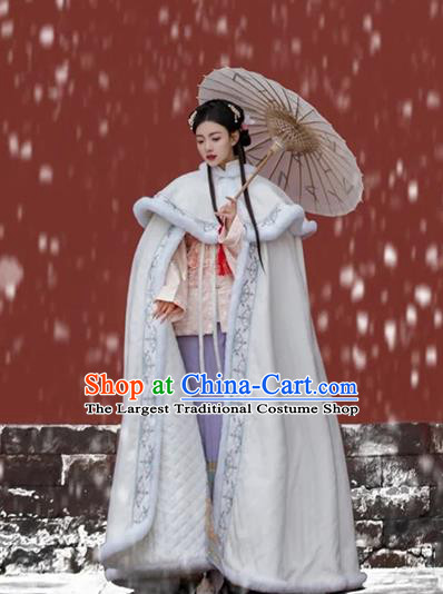 Chinese Ancient Princess Clothing Traditional Winter White Mantle Ming Dynasty Young Lady Embroidered Cloak