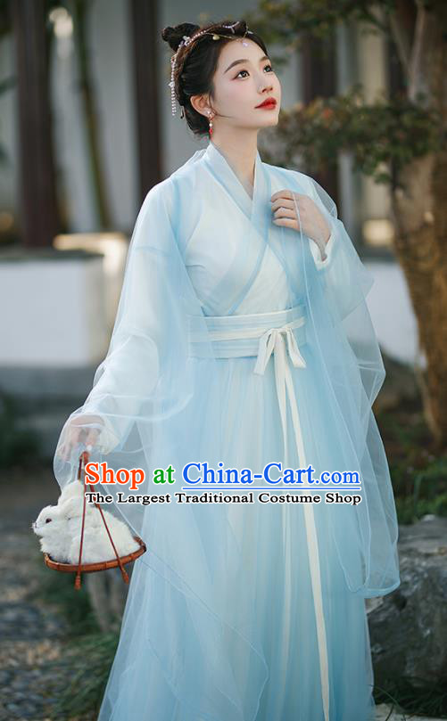 Chinese Ancient Peri Clothing Traditional Blue Hanfu Dress Ming Dynasty Princess Garment Costumes