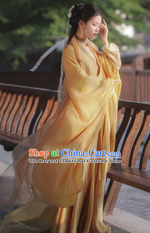 Chinese Jin Dynasty Princess Garment Costumes Ancient Swordswoman Clothing Traditional Yellow Hanfu Dress