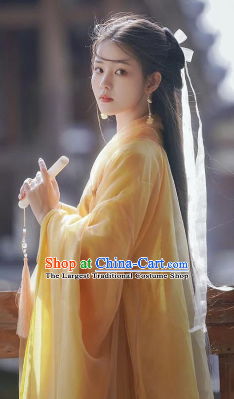 Chinese Jin Dynasty Princess Garment Costumes Ancient Swordswoman Clothing Traditional Yellow Hanfu Dress