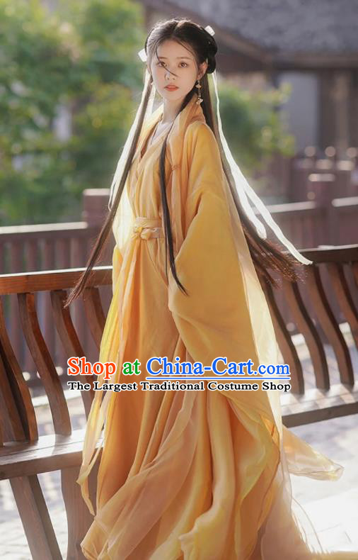 Chinese Jin Dynasty Princess Garment Costumes Ancient Swordswoman Clothing Traditional Yellow Hanfu Dress
