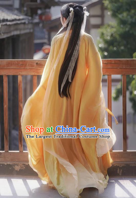 Chinese Jin Dynasty Princess Garment Costumes Ancient Swordswoman Clothing Traditional Yellow Hanfu Dress