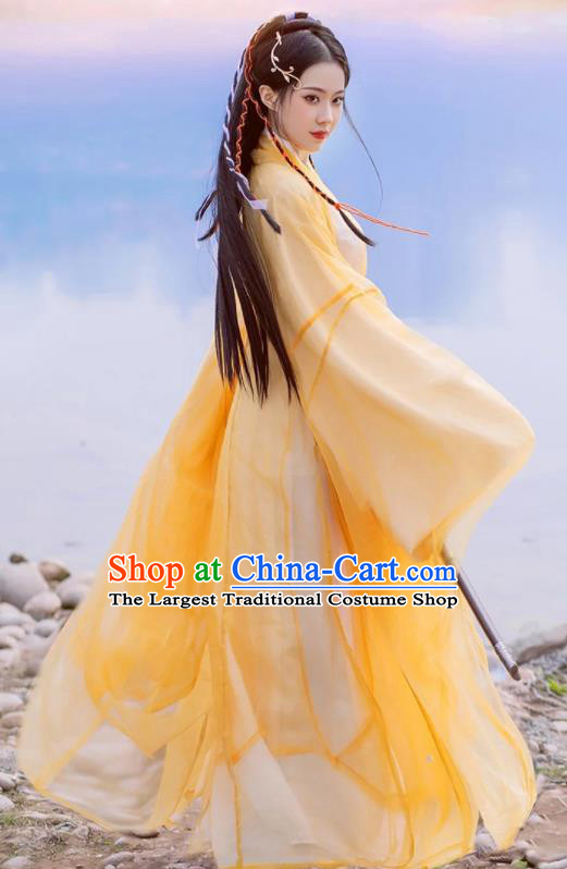Chinese Traditional Yellow Hanfu Dress Jin Dynasty Swordsman Garment Costumes Ancient Goddess Clothing