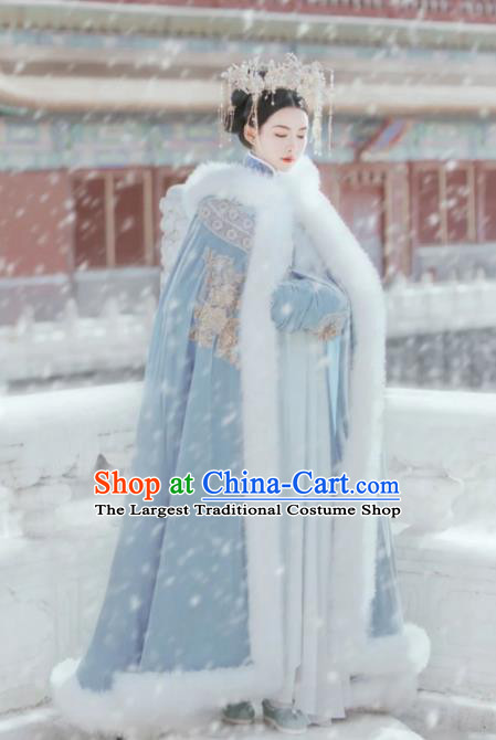 Chinese Ancient Princess Winter Clothing Traditional Hanfu Blue Cloak Ming Dynasty Young Lady Mantle Garment Costume