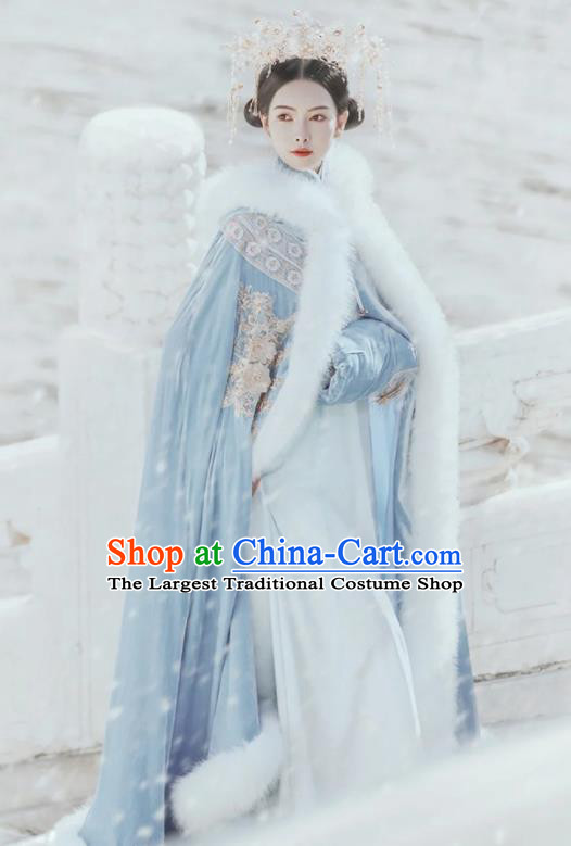 Chinese Ancient Princess Winter Clothing Traditional Hanfu Blue Cloak Ming Dynasty Young Lady Mantle Garment Costume