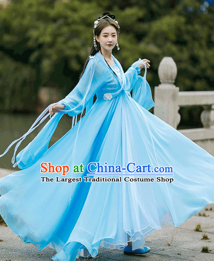 Chinese TV Series Peri Garment Costumes Ancient Princess Clothing Tang Dynasty Goddess Blue Dress