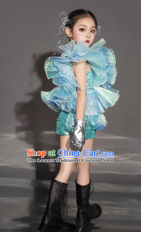 Fashion Catwalks Blue Outfit Modern Fancywork Garment Costume Children Girls Stage Show Clothing