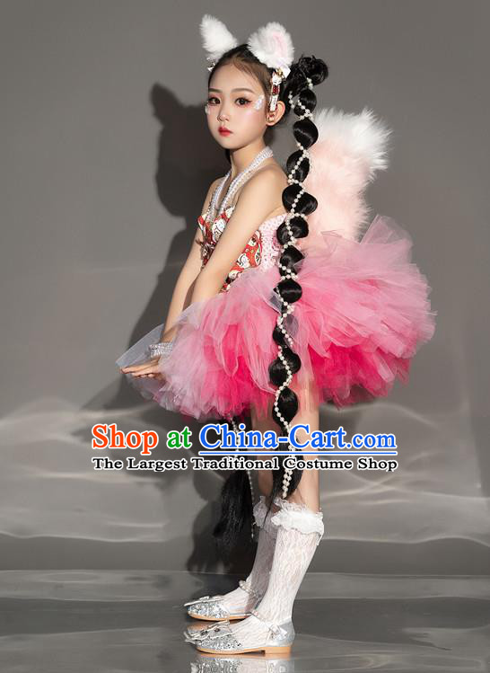 Children Modern Fancywork Garment Costume Girls Stage Show Clothing Fashion Catwalks Pink Veil Dress