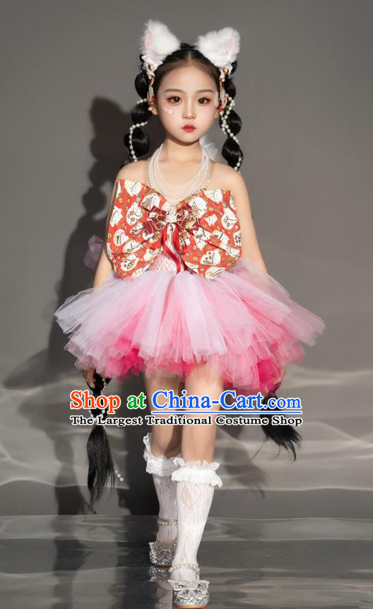 Children Modern Fancywork Garment Costume Girls Stage Show Clothing Fashion Catwalks Pink Veil Dress