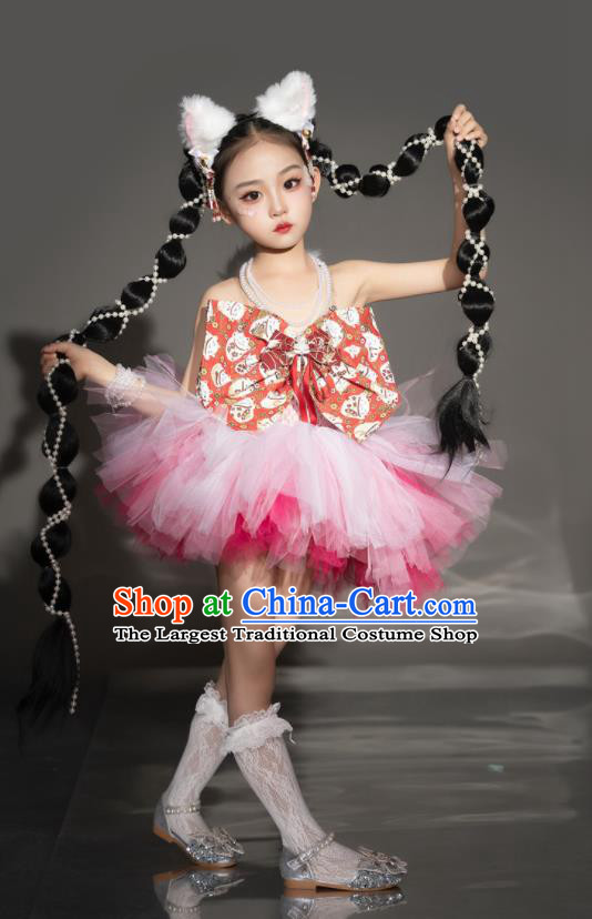 Children Modern Fancywork Garment Costume Girls Stage Show Clothing Fashion Catwalks Pink Veil Dress