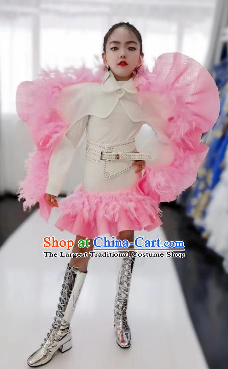 Girls Stage Show Clothing Children Fashion Catwalks Pink Feather Outfit Modern Fancywork Garment Costume