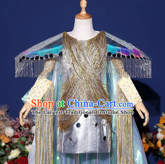 Children Fashion Catwalks Blue Dress Girls Modern Fancywork Garment Costume Modern Show Golden Tassel Clothing