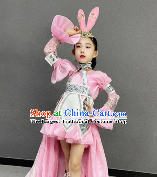 Chinese Modern Show Trailing Clothing Children Fashion Catwalks Pink Dress Girls Modern Fancywork Garment Costume
