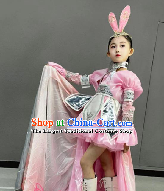 Chinese Modern Show Trailing Clothing Children Fashion Catwalks Pink Dress Girls Modern Fancywork Garment Costume