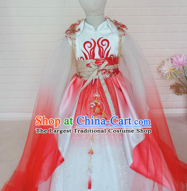 Chinese Stage Show Oriental Beauty Clothing Children Fashion Catwalks White Veil Dress Girls Modern Fancywork Garment Costume