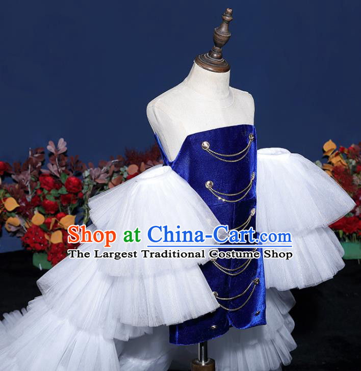 Girls Modern Fancywork Garment Costume Modern Show Clothing Children Fashion Catwalks Royal Blue Velvet Dress