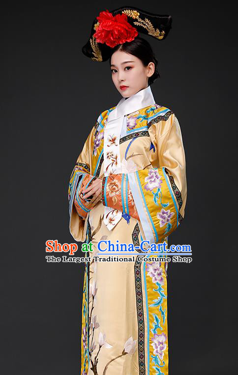 Chinese Ancient Imperial Consort Clothing Qing Dynasty Court Garment Costumes Empress Light Golden Dress