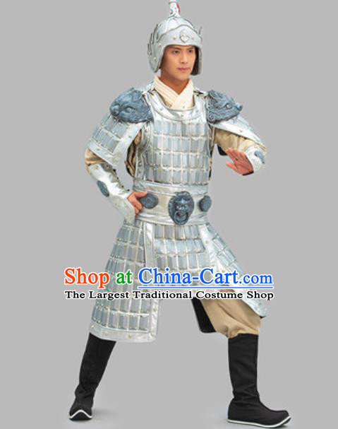Chinese Ancient General Clothing Three Kingdoms Period Yue Fei Garment Costumes Traditional Argenta Armor and Helmet Complete Set