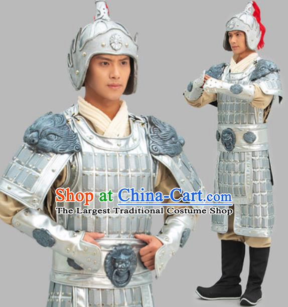 Chinese Ancient General Clothing Three Kingdoms Period Yue Fei Garment Costumes Traditional Argenta Armor and Helmet Complete Set