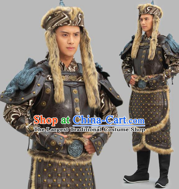 Chinese Traditional Mongolian Leather Armor and Helmet Ancient General Clothing Yuan Dynasty Warrior Garment Costumes