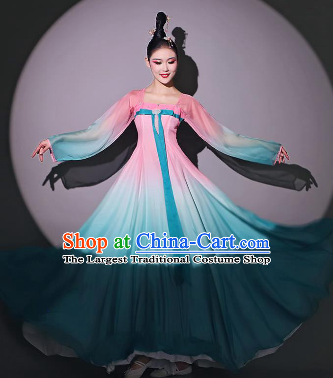 Chinese Classical Dance Garment Fan Dance Blue Dress Dancing Competition Clothing