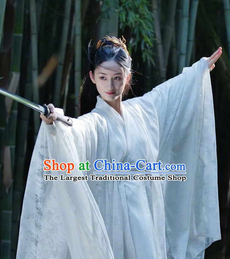Chinese Ancient Swordswoman White Dress Clothing Love Between Fairy and Devil Xie Wan Qing Garment Costumes