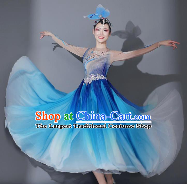 Chinese Modern Dance Garment Opening Dance Blue Veil Dress Classical Dance Clothing Stage Performance Costume